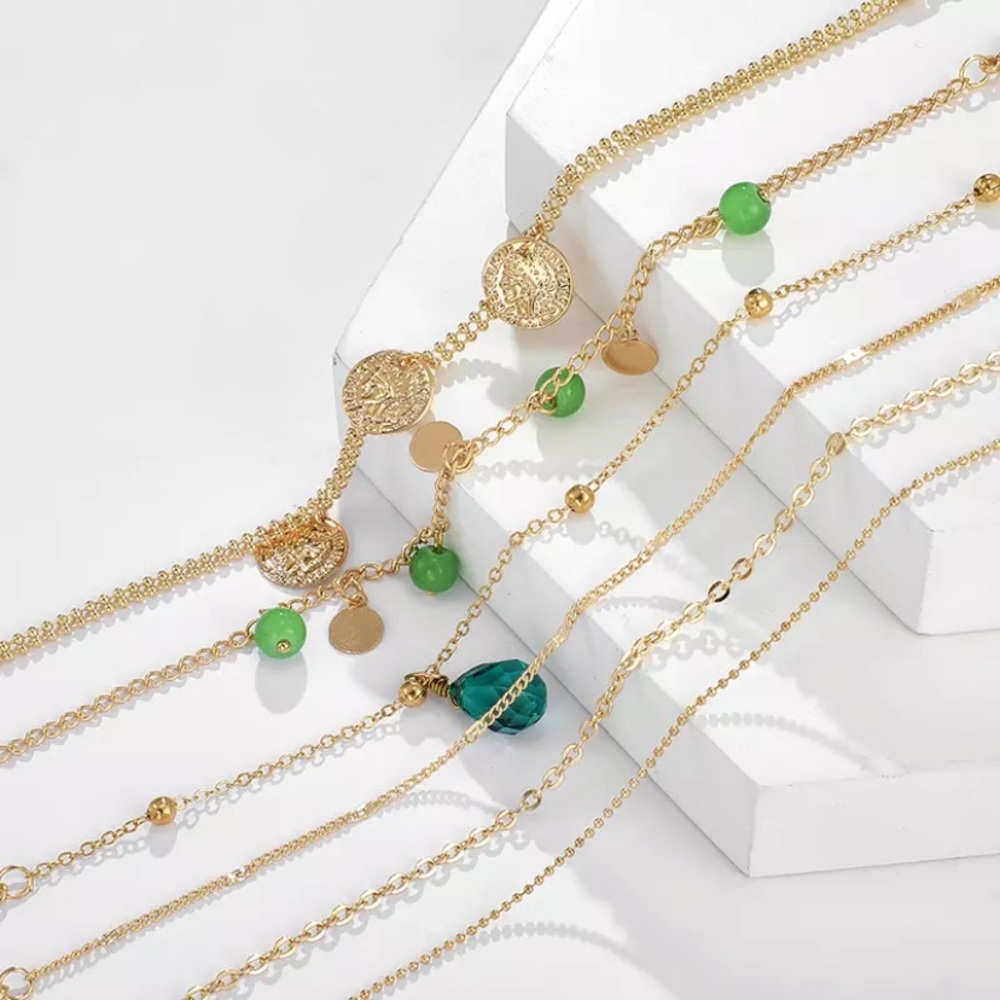 Gold Chain Bead Crystal Boho Bracelet Set - Picture 4 of 6